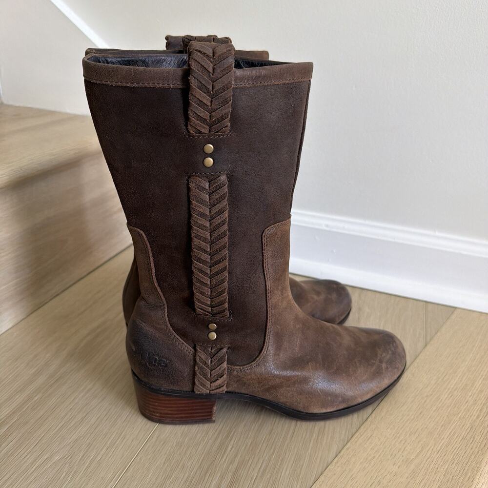 UGG Jaspan Mid-Calf Boots Oiled Suede & Leather Uppers Women’s Size 11 Brown - Picture 4 of 11